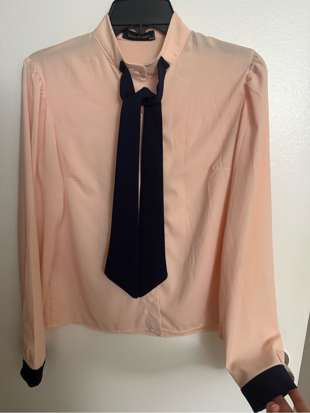 Peach Blouse with Navy Tie Accent